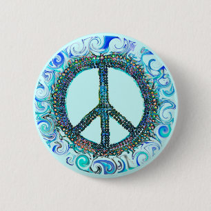 Peace Sign With Blue Waves 6 Cm Round Badge