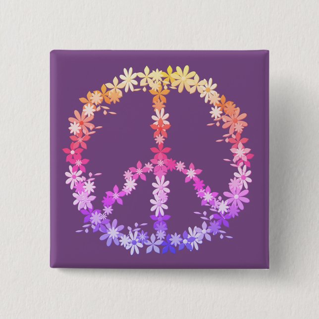 Peace sign with colourful flowers 15 cm square badge (Front)