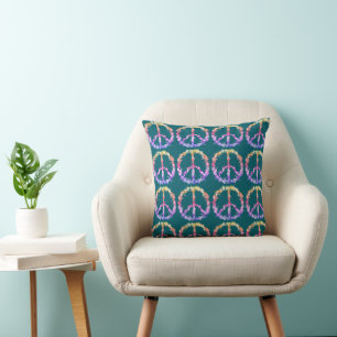 Peace sign with colourful flowers cushion