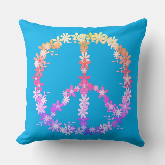 Peace sign with colourful flowers cushion (Front)