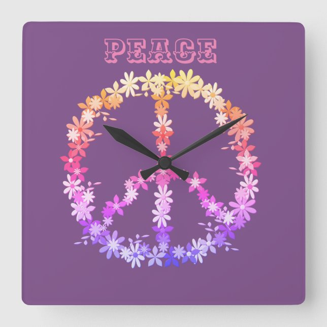 Peace sign with colourful flowers,Personalised Square Wall Clock (Front)