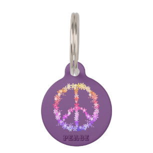 Peace sign with colourful flowers,Personalised tex Pet Tag