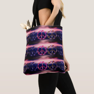 Peace sign with colourful flowers tote bag