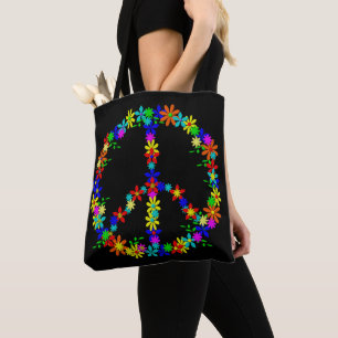 Peace sign with colourful flowers tote bag