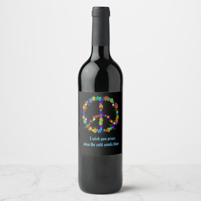 Peace sign with colourful flowers wine label (Front)
