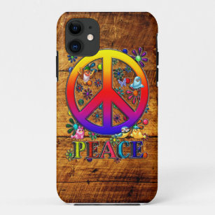Peace Sign with Flowers & Birds Faux Wood Backgrou iPhone 11 Case