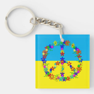 Peace sign with flowers,ukrainian flag button key ring
