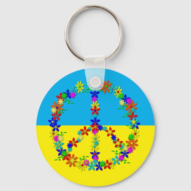 Peace sign with flowers,ukrainian flag  button key ring (Front)