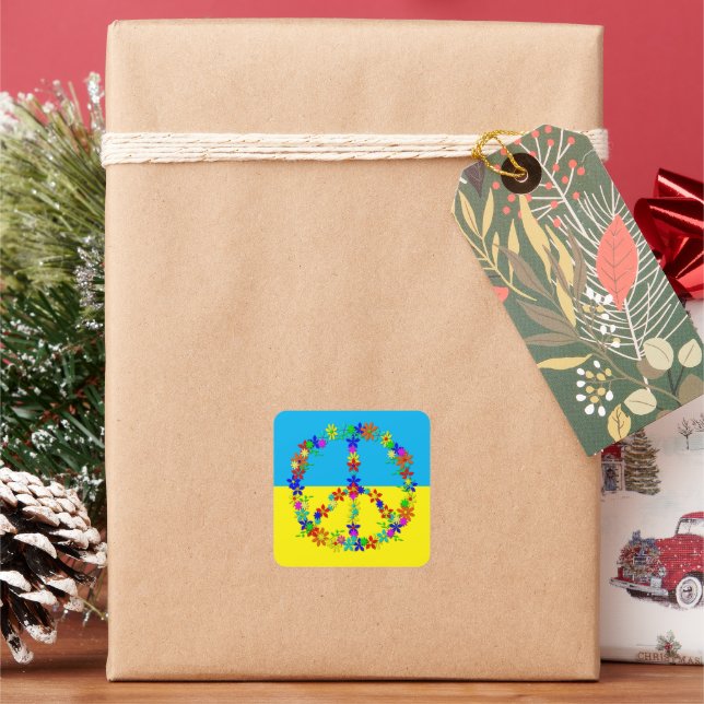 Peace sign with flowers,ukrainian flag  button square sticker (Holiday)