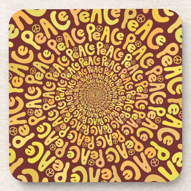 Peace sign word spiral yellow orange burgundy red  coaster (Front)