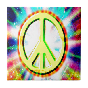 PEACE Sign Yellow Colourful Happy and Fun Ceramic Tile