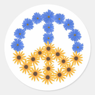 Peace Sign Yellow Sunflowers Blue Cosmos Flowers Classic Round Sticker