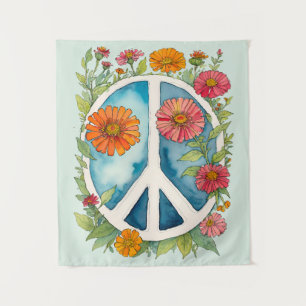 Peace Sign Zinnia Flowers Retro 70s flowers        Tapestry