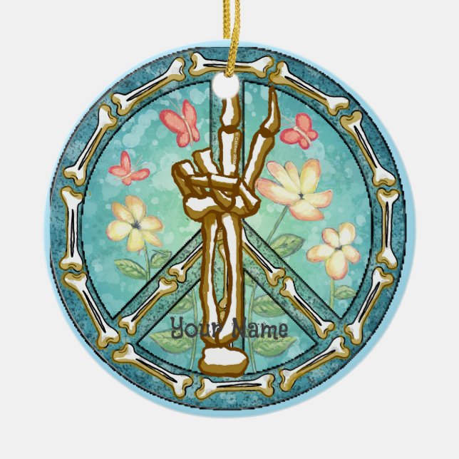 Peace Skeleton Hand  Ceramic Ornament (Front)