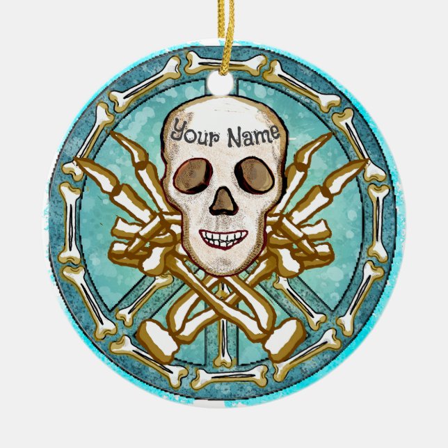 Peace Skeleton Skull  Ceramic Ornament (Front)
