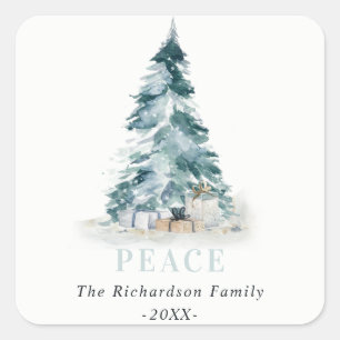 Peace Snow Watercolor Pine Christmas Tree Gifts Square Sticker