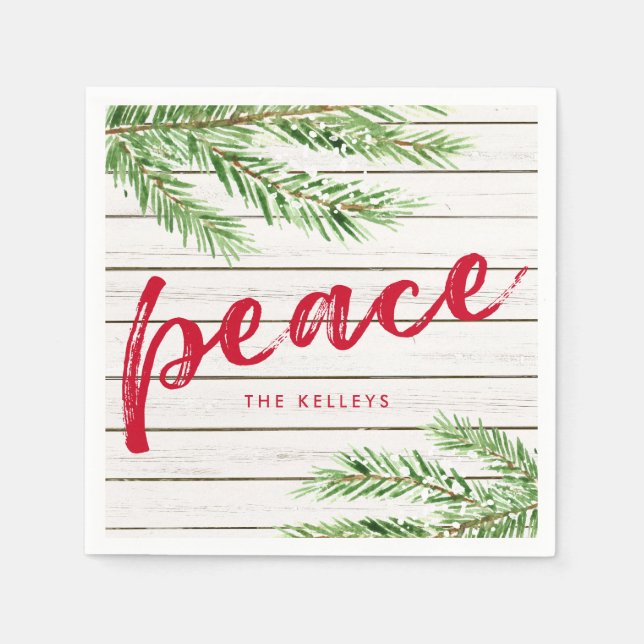 Peace, Snowy Evergreen Personalised Holiday Napkin (Front)