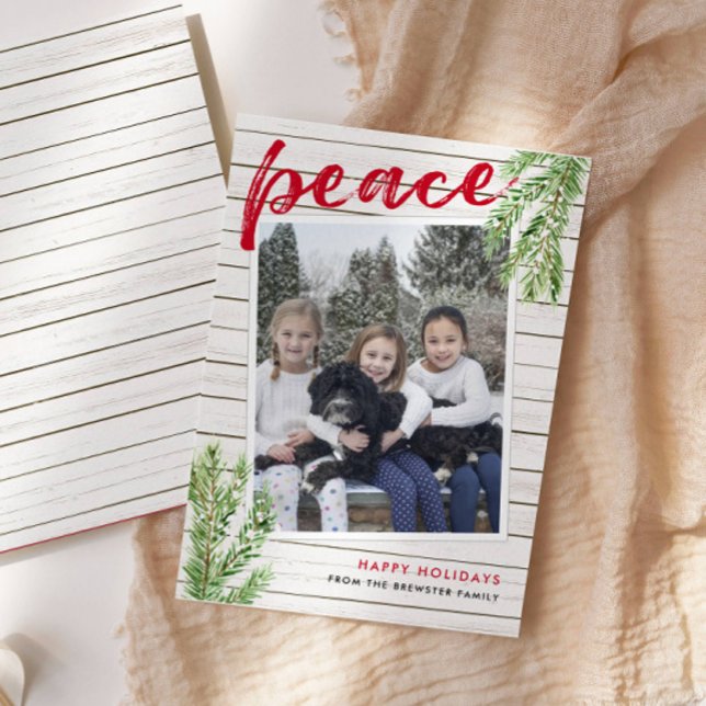 Peace, Snowy Evergreen Single Photo Holiday Card (Creator Uploaded)