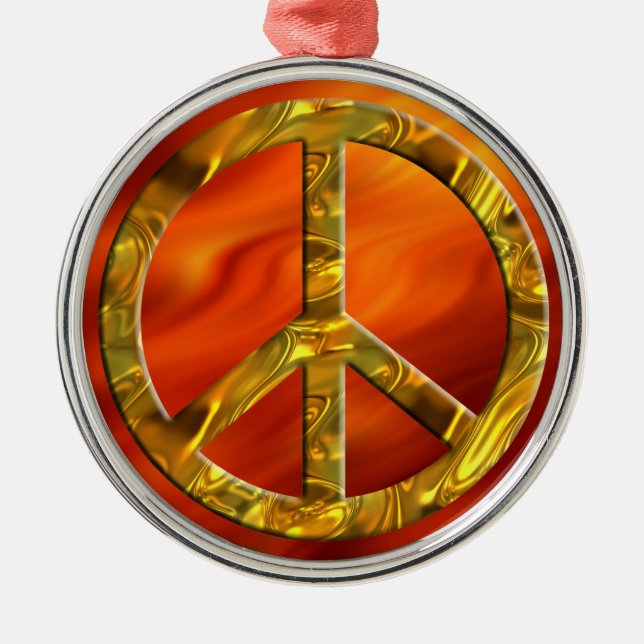 PEACE symbol - GOLD | fire red Metal Tree Decoration (Front)