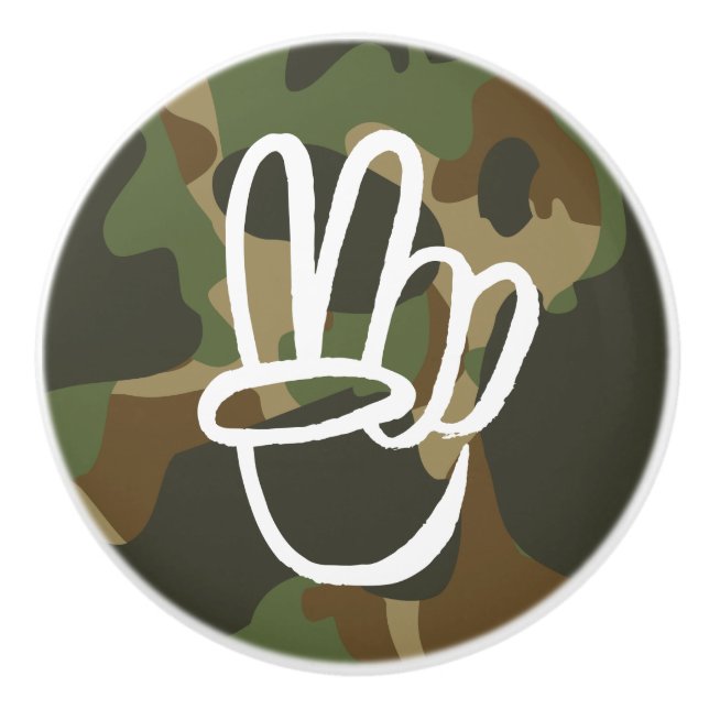 PEACE Symbol Hand V Sign Hippie Green Camouflage Ceramic Knob (Front)