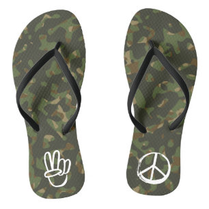 PEACE Symbol Hand V Sign Hippie Green Camouflage Thongs