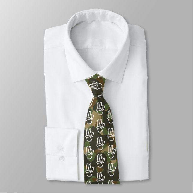 PEACE Symbol Hand V Sign Hippie Green Camouflage Tie (Tied)