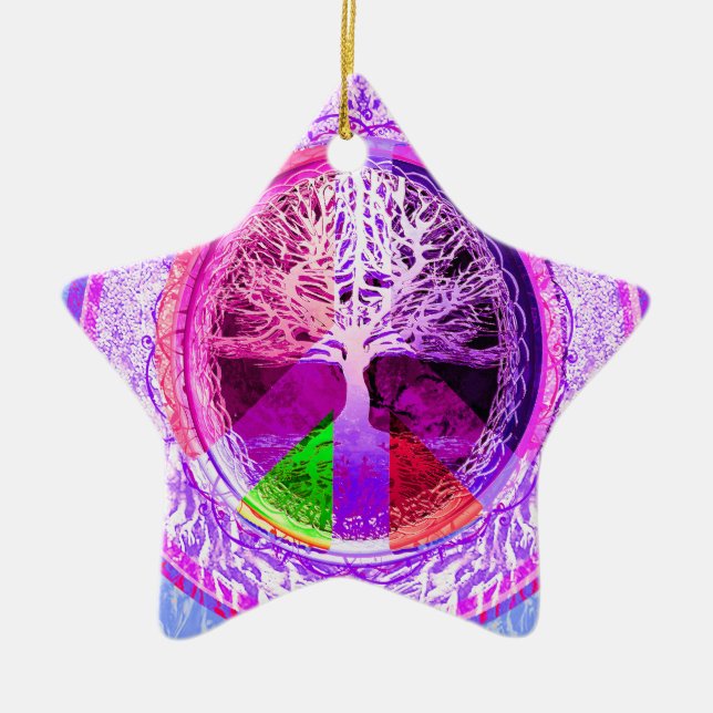 Peace Symbol in Rainbow Colours Ceramic Tree Decoration (Front)