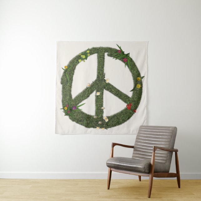PEACE Symbol of Real Grass Flowers Hippie 60s Sign Tapestry (In Situ)