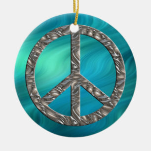 PEACE symbol  - SILVER   bluegreen waves Ceramic Tree Decoration