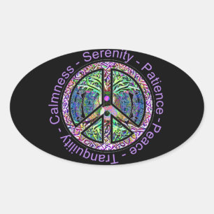 Peace Symbol with Peace, Harmony, Balance Oval Sticker