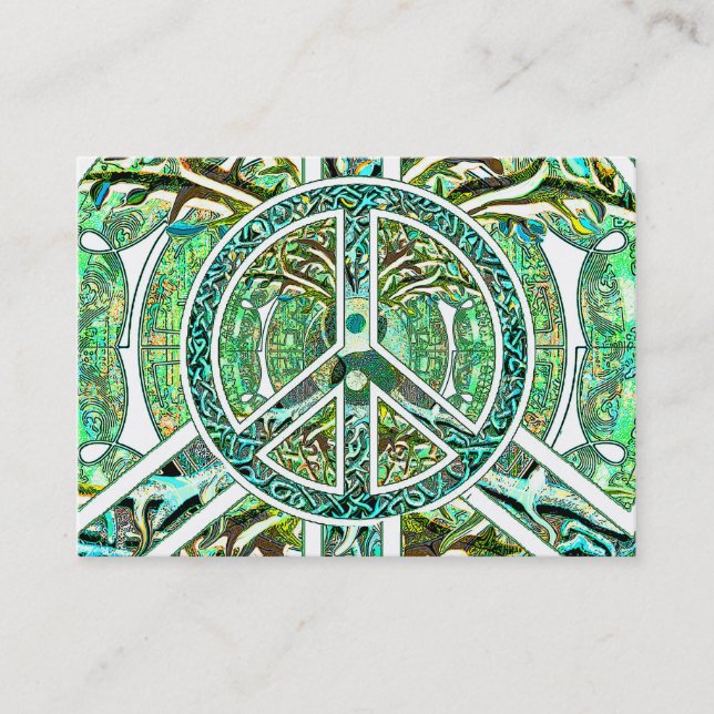 Peace Symbol, Yin Yang, Tree of Life in Green Business Card (Front)