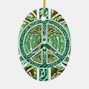 Peace Symbol, Yin Yang, Tree of Life in Green Ceramic Ornament