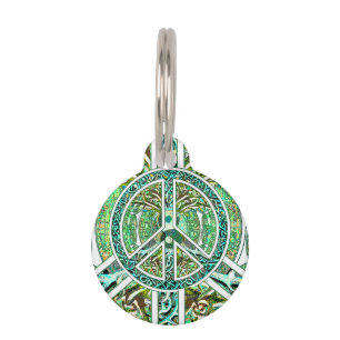 Peace Symbol, Yin Yang, Tree of Life in Green Pet Tag