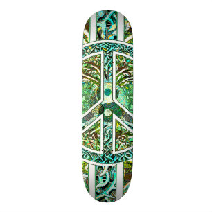 Peace Symbol, Yin Yang, Tree of Life in Green Skateboard