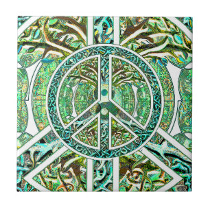 Peace Symbol, Yin Yang, Tree of Life in Green Tile