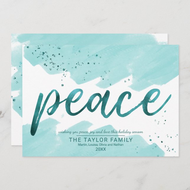 Peace | Teal Watercolor Christmas Holiday Card (Front/Back)