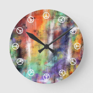 Peace Time ( white on colourful graffiti grunge ) Round Clock