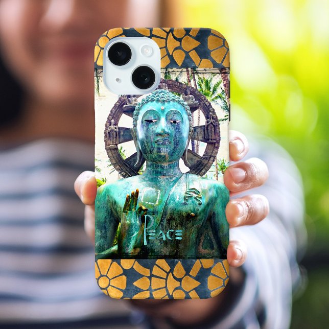 Peace Turquoise Buddha Photo Gold Mosaic Border Case-Mate iPhone Case (Creator Uploaded)