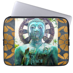 Peace Turquoise Buddha Statue Gold Mosaic Photo Laptop Sleeve