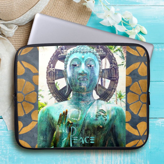 Peace Turquoise Buddha Statue Gold Mosaic Photo Laptop Sleeve (Creator Uploaded)