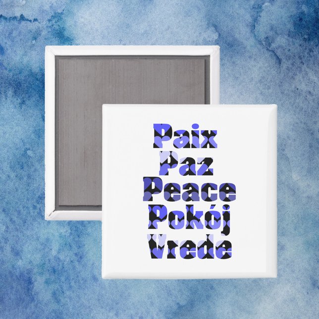 Peace Typography Blue Hearts Languages Magnet (A magnet that says peace in French, Spanish, English, Polish and Swedish)