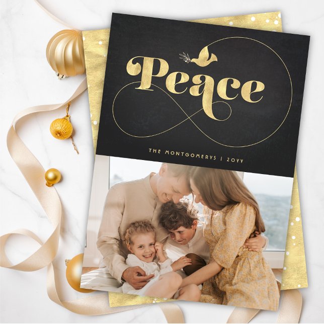 Peace Typography Stylish Golden Dove Modern Photo Holiday Card (Creator Uploaded)