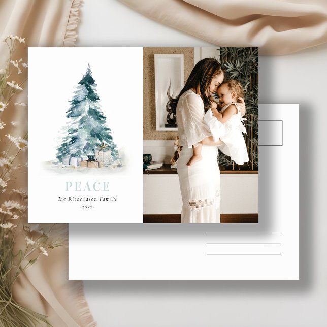 Peace Watercolor Pine Christmas Tree Gift Photo Holiday Postcard (Creator Uploaded)