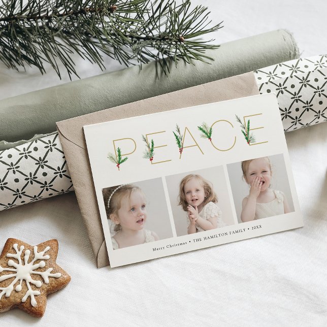 Peace Watercolor Springs Christmas Three Photo  Holiday Card (Creator Uploaded)