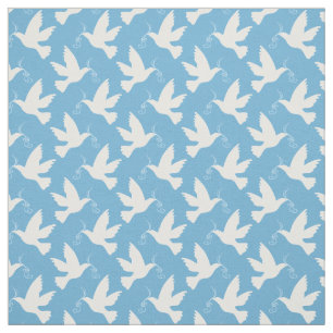 Peace white doves with blue ribbon pattern fabric