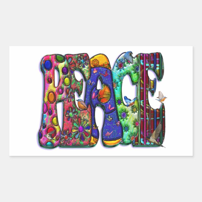 Peace Word Art Birds and Butterflies Rectangular Sticker (Front)