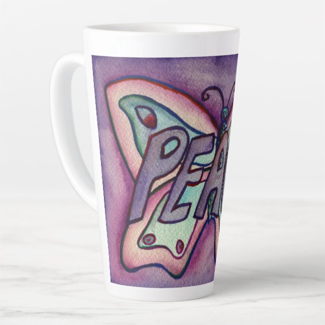 Peace Word Art Purple Butterfly Wing Cup Latte Mug (Left Angle)