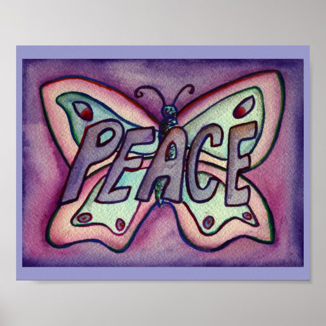 Peace Word Purple Butterfly Poster Art Prints (Front)