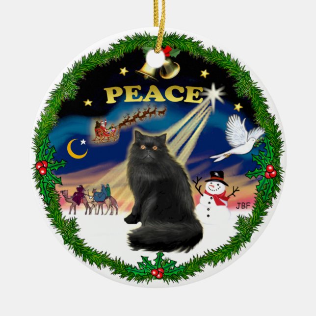 Peace Wreath - Black Persian cat Ceramic Ornament (Front)