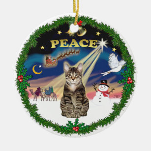 Peace Wreath - Tabby Tiger cat Ceramic Tree Decoration